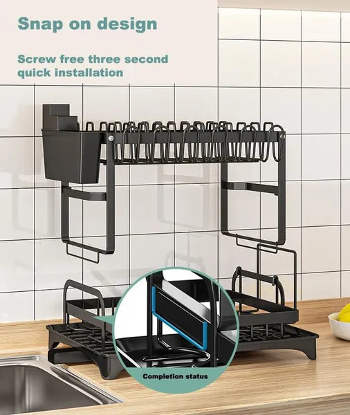 2-Tier Dish Drying Rack with Drainboard – Rustproof Kitchen Dish Rack Black