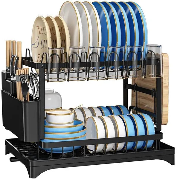 2-Tier Dish Drying Rack with Drainboard – Rustproof Kitchen Dish Rack Black