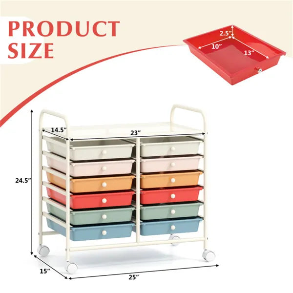 12-Drawer Rolling Storage Cart – Multi-Color Organizer with Wheels (White Frame)