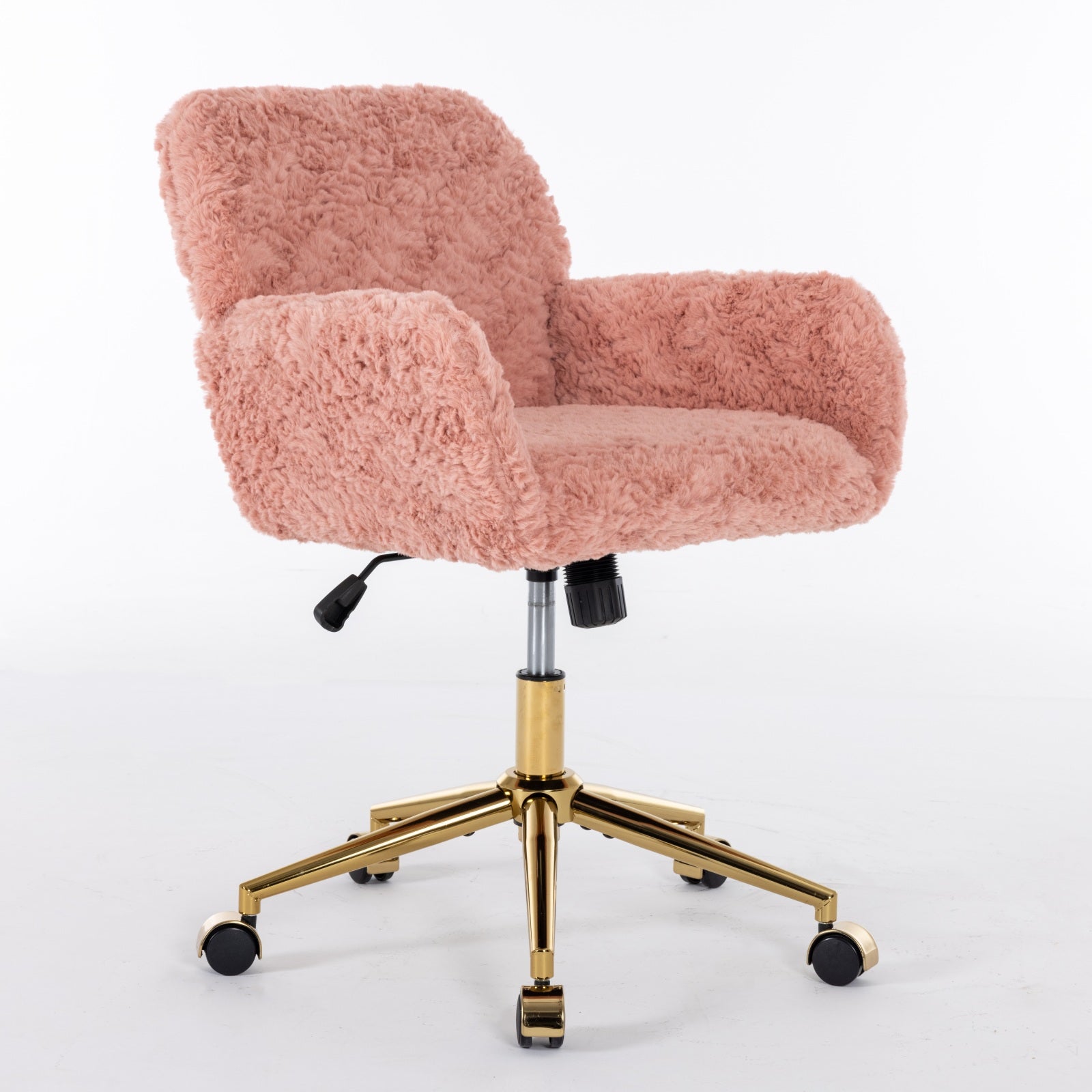 Faux Fur Home Office Chair with Gold Base – Adjustable Swivel Vanity & Desk Chair (Pink)