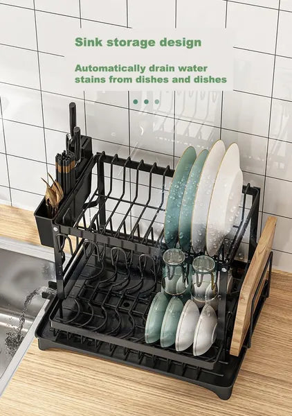 2-Tier Dish Drying Rack with Drainboard – Rustproof Kitchen Dish Rack Black