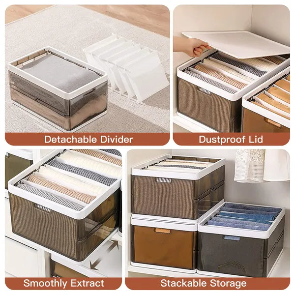 3-Pack Foldable Storage Bins with Lids – Stackable Closet Organizer with Dividers