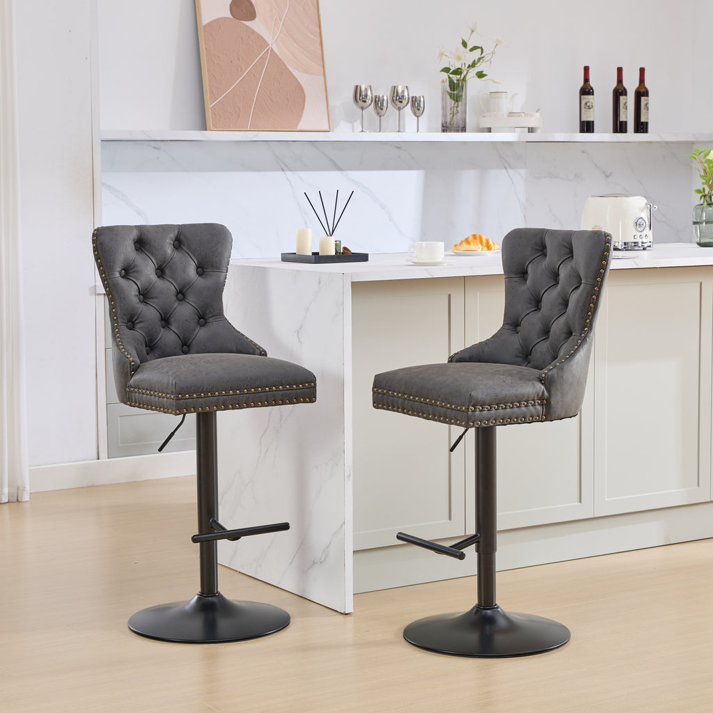 Black Swivel Bar Stools Set of 2 – Adjustable PU Leather Tufted Kitchen Island Chairs