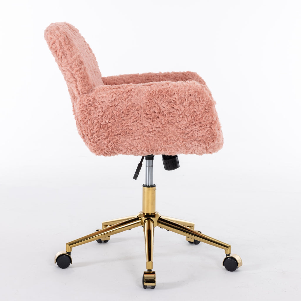 Faux Fur Home Office Chair with Gold Base – Adjustable Swivel Vanity & Desk Chair (Pink)