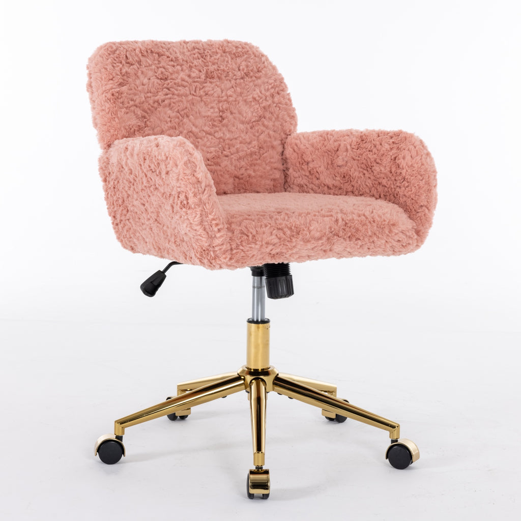 Faux Fur Home Office Chair with Gold Base – Adjustable Swivel Vanity & Desk Chair (Pink)