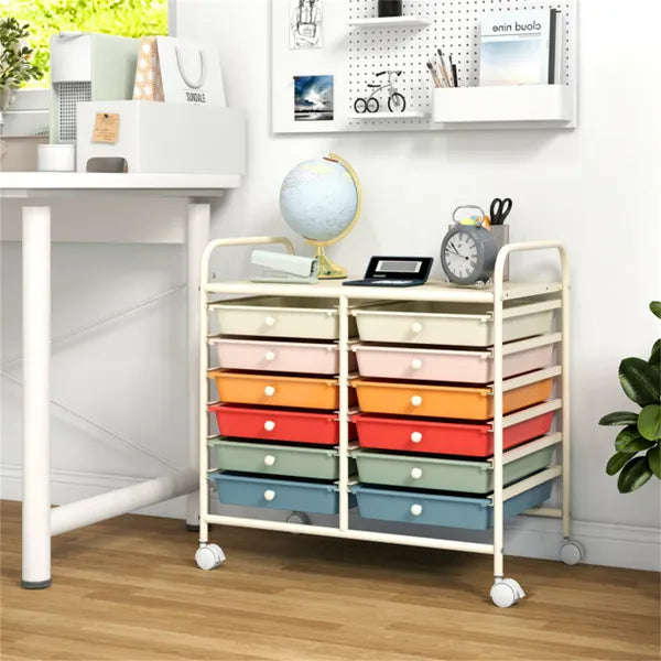 12-Drawer Rolling Storage Cart – Multi-Color Organizer with Wheels (White Frame)