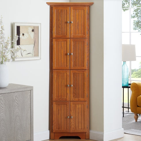 4-Tier Corner Kitchen Pantry Storage Cabinet with Doors & Adjustable Shelves – Oak
