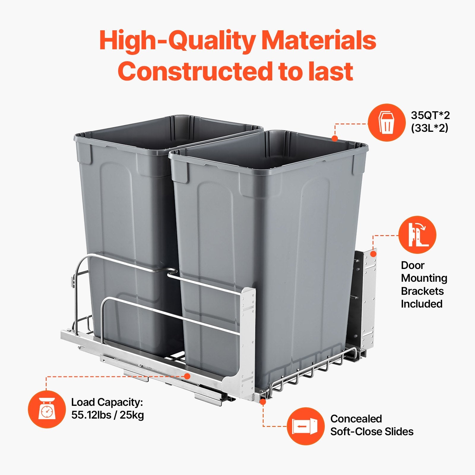 Double Pull-Out Trash Can 70QT – Under Cabinet Waste Bin
