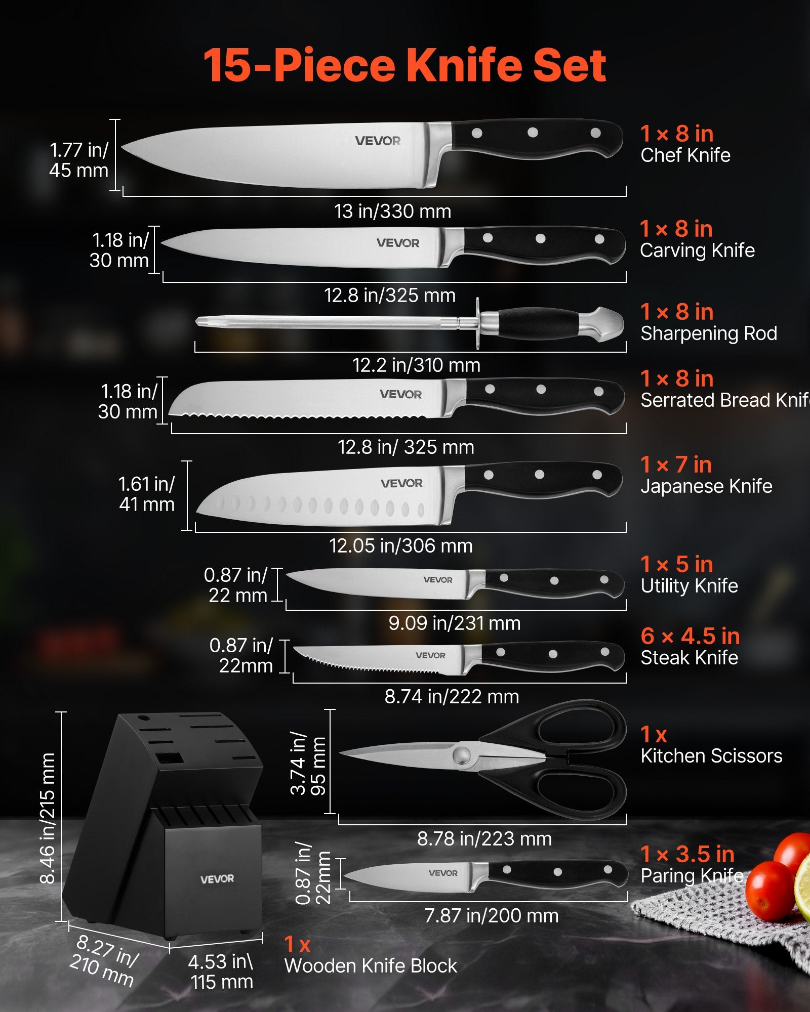 Premium 15-Piece Kitchen Knife Set with Wooden Block