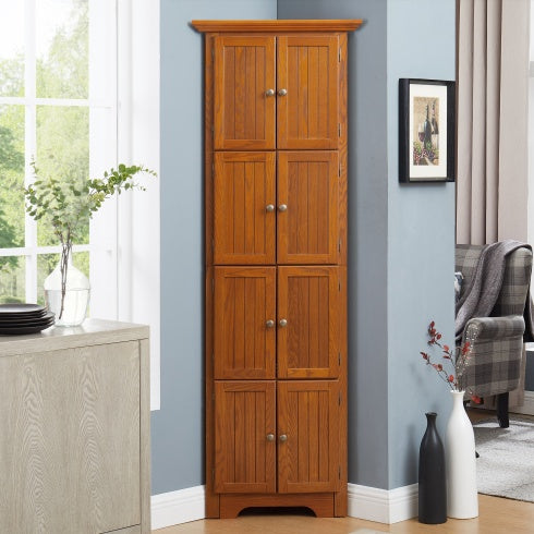 4-Tier Corner Kitchen Pantry Storage Cabinet with Doors & Adjustable Shelves – Oak
