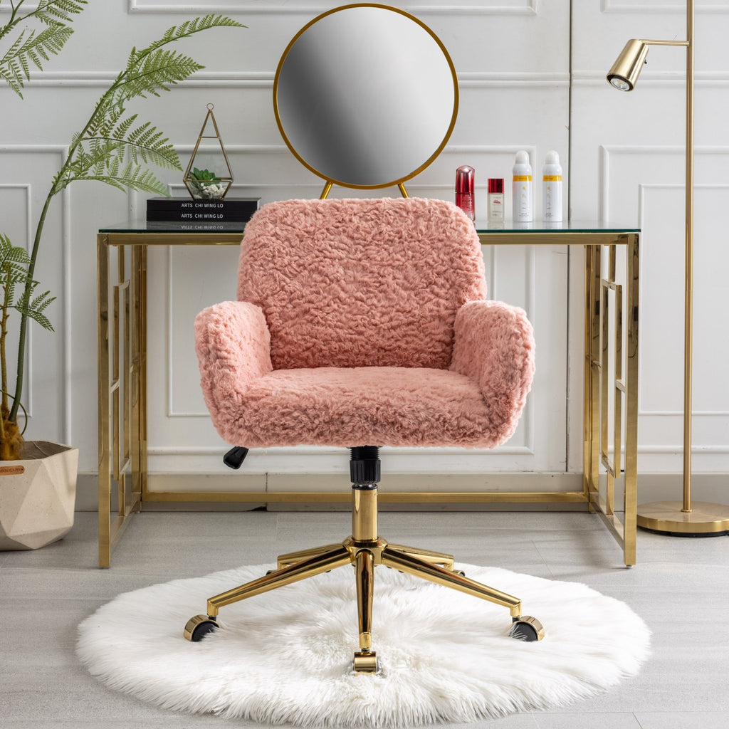 Faux Fur Home Office Chair with Gold Base – Adjustable Swivel Vanity & Desk Chair (Pink)