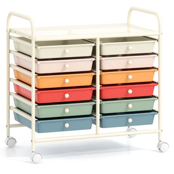12-Drawer Rolling Storage Cart – Multi-Color Organizer with Wheels (White Frame)
