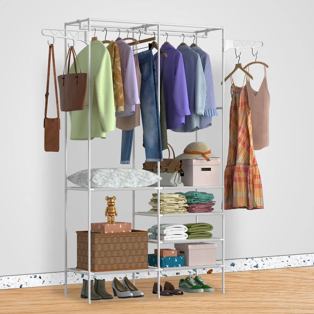 Heavy Duty Metal Garment Rack with Shelves – Freestanding Clothes Organizer with Hanging Rods & Shoe Storage