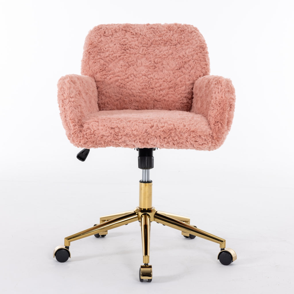 Faux Fur Home Office Chair with Gold Base – Adjustable Swivel Vanity & Desk Chair (Pink)