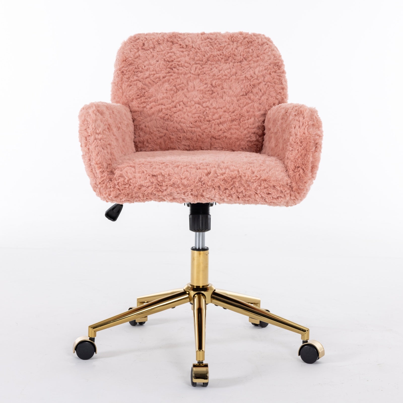 Faux Fur Home Office Chair with Gold Base – Adjustable Swivel Vanity & Desk Chair (Pink)