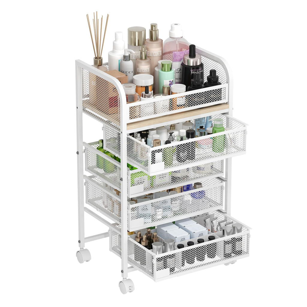4-Drawer Makeup Organizer with Wheels – Skincare Storage Cart for Vanity & Cosmetics (White)