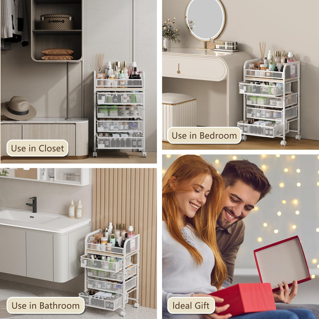 4-Drawer Makeup Organizer with Wheels – Skincare Storage Cart for Vanity & Cosmetics (White)