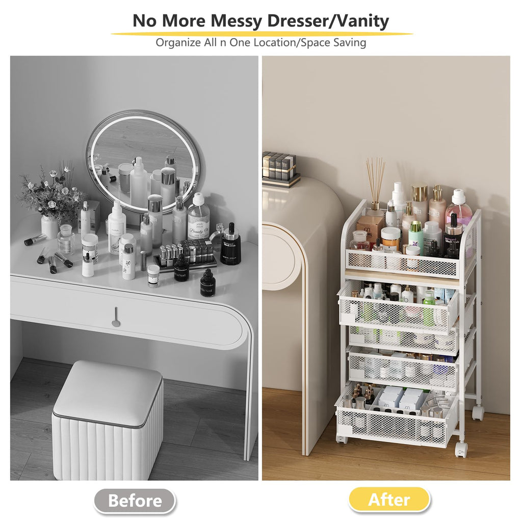 4-Drawer Makeup Organizer with Wheels – Skincare Storage Cart for Vanity & Cosmetics (White)