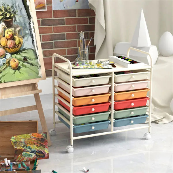 12-Drawer Rolling Storage Cart – Multi-Color Organizer with Wheels (White Frame)
