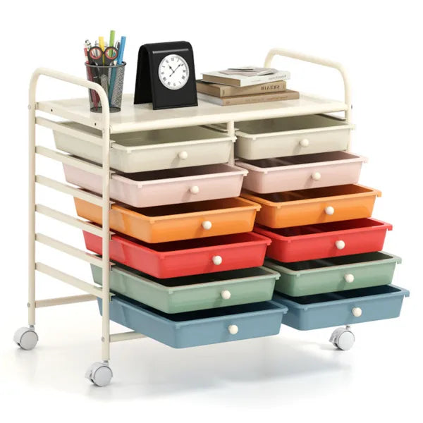 12-Drawer Rolling Storage Cart – Multi-Color Organizer with Wheels (White Frame)