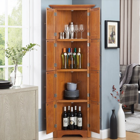 4-Tier Corner Kitchen Pantry Storage Cabinet with Doors & Adjustable Shelves – Oak