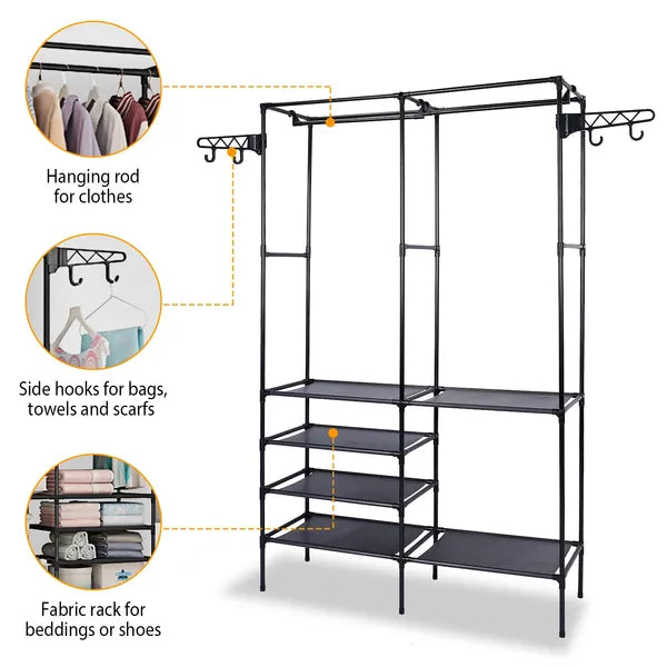 Heavy Duty Metal Garment Rack with Shelves – Freestanding Clothes Organizer with Hanging Rods & Shoe Storage